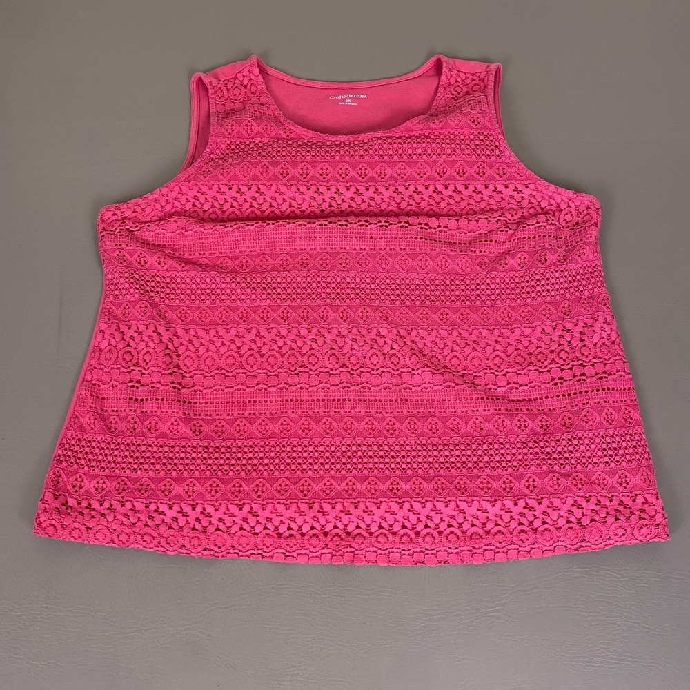 Croft & Barrow Tank Top Women's Plus 2X Pink Geometric Lace Overlay Sleeveless *